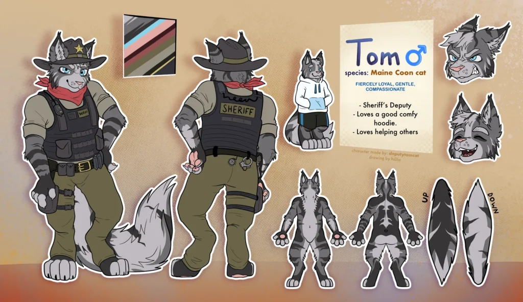 This sheet includes: Front view, back view, alternate clothing, two character details, body pattern, two extra face expressions