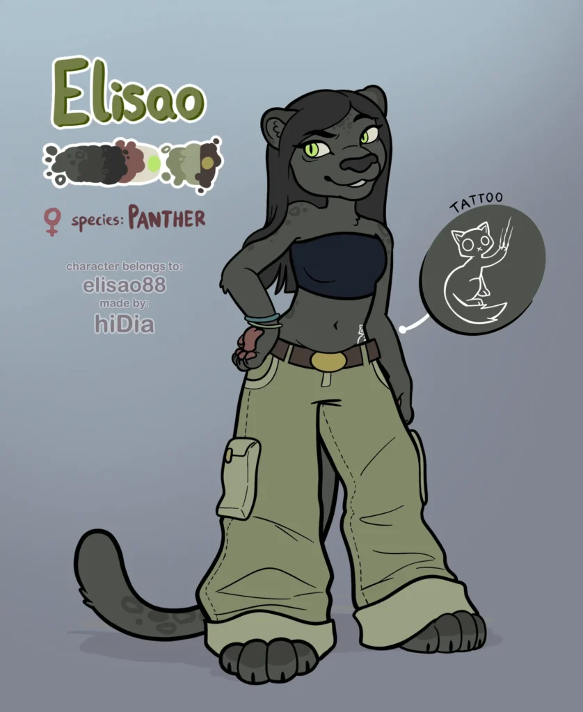 Fursona-fied a dear friend of mine :3 This sheet includes: Front view and one character detail